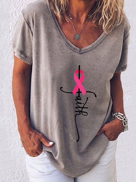 Faith Breast Cancer Awareness V-neck Short Sleeve T-shirt