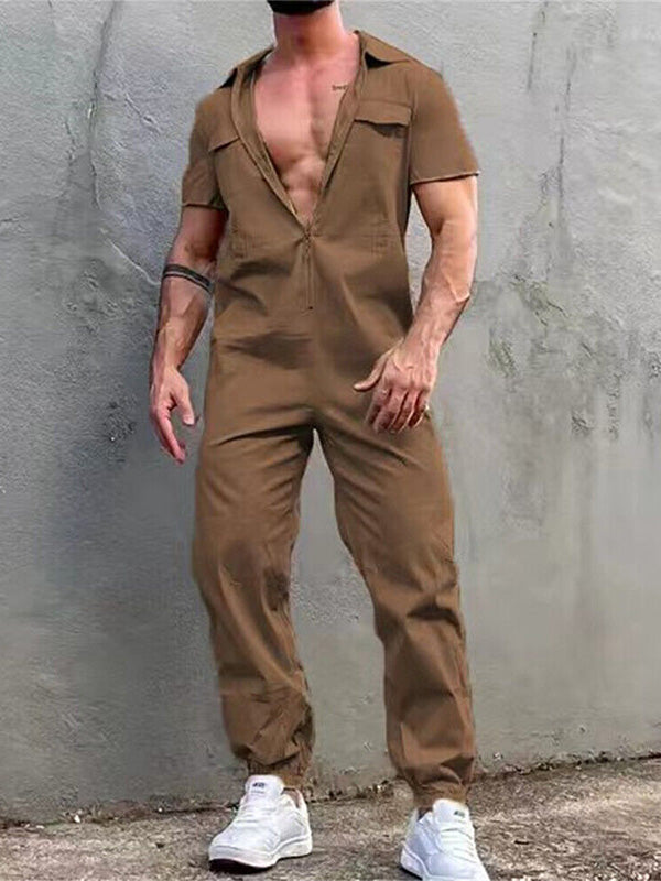 Men's Casual Zipper Neck Cargo Jumpsuit