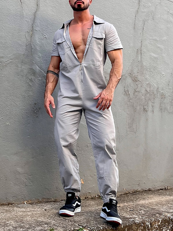 Men's Casual Zipper Neck Cargo Jumpsuit