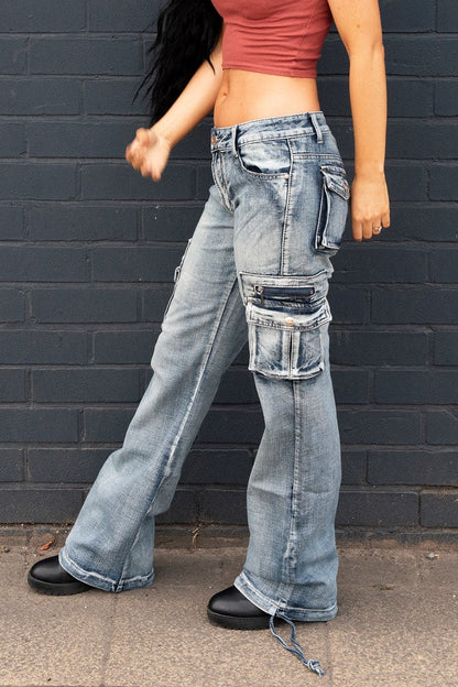 Faded Wide Leg Cargo Jeans