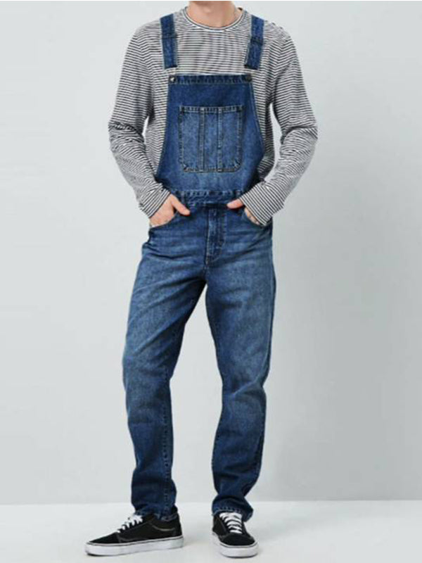 Men‘s Washed Streetwear Pocket Suspender Denim Overalls