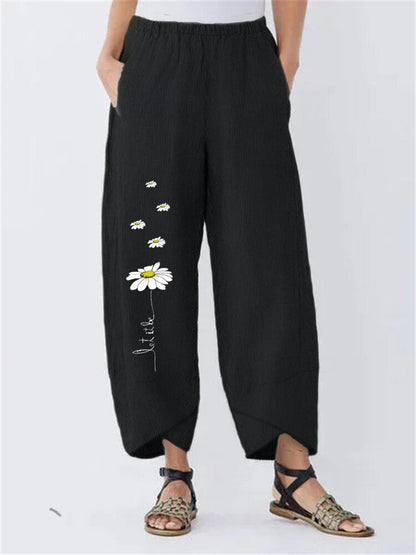 Daisy Print Elastic Waist Casual Pants