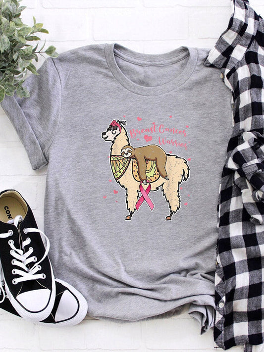 Alpaca Sloth Pink Ribbon Graphic T-Shirt