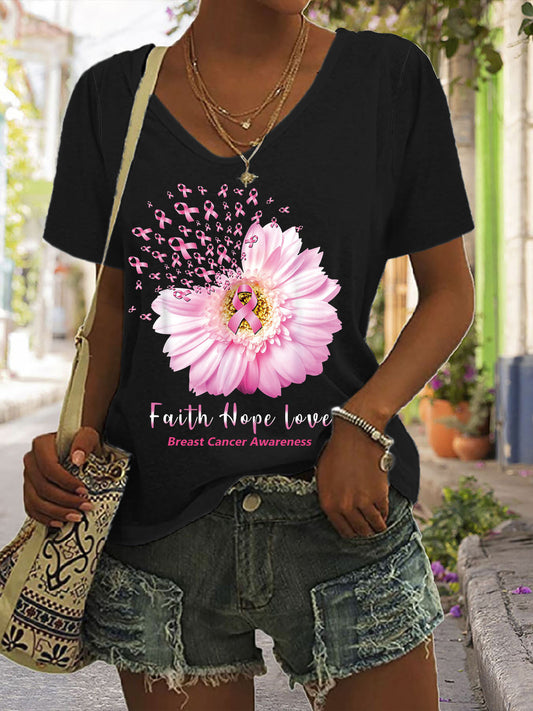 Faith Hope Love Pink Ribbon V-neck Short Sleeve T-shirt