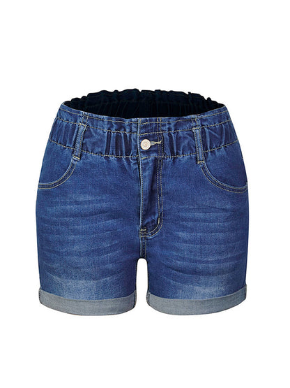 Rolled Cuffs Stretch Elastic Waist Denim Shorts