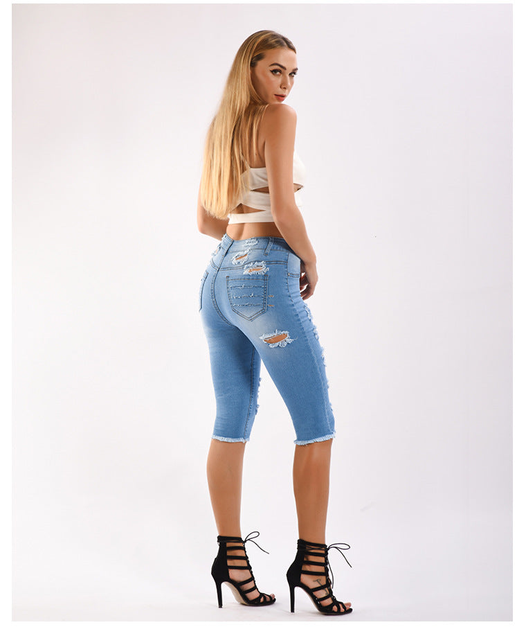 Ripped Stretch Denim Capri Pants