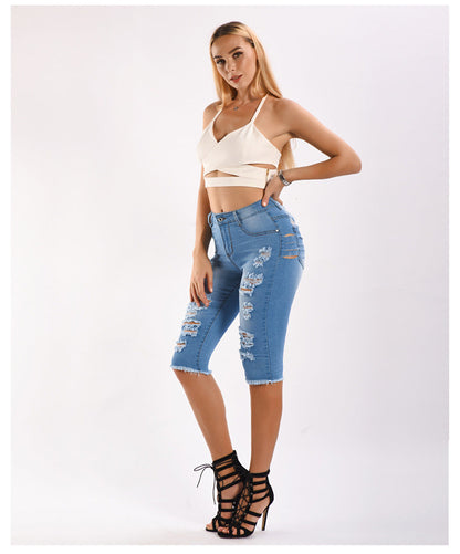 Ripped Stretch Denim Capri Pants