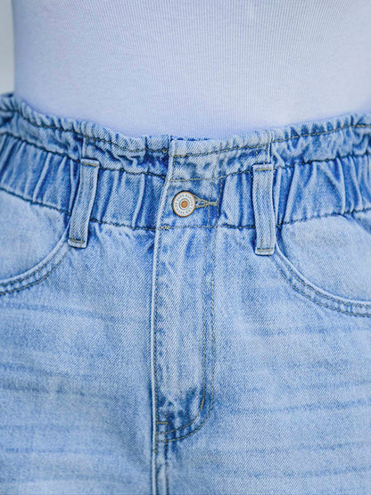 Rolled Cuffs Stretch Elastic Waist Denim Shorts