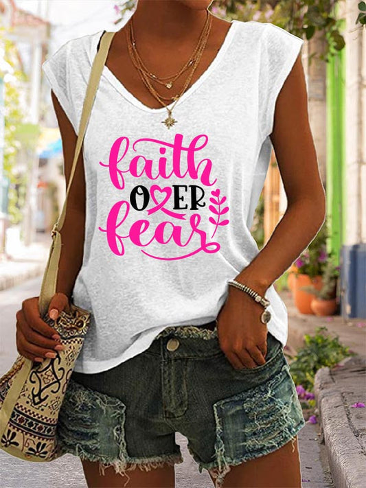 Faith Over Fear Pink Ribbon Print V-Neck T-Shirt