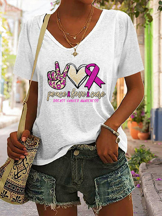 Peace Love Cure Pink Ribbon V-neck Short Sleeve T-shirt