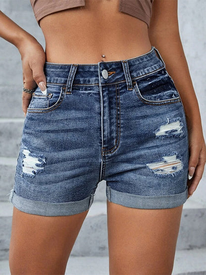 Soft Cuffed Ripped Jeans Mid Rise Stretch Denim Shorts