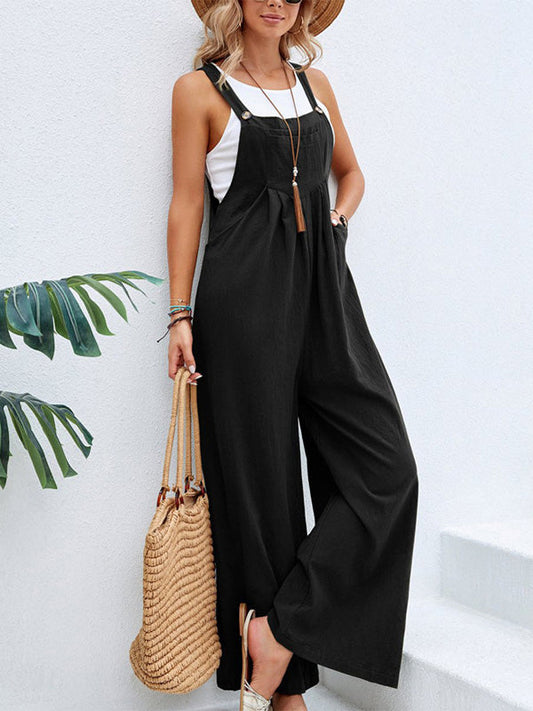 Button Strap Pocket Wide Leg Sleeveless Jumpsuit