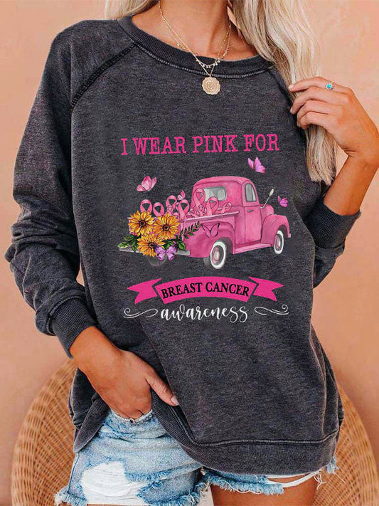 I Wear Pink For Breast Cancer Awareness Graphic Washed Sweatshirt