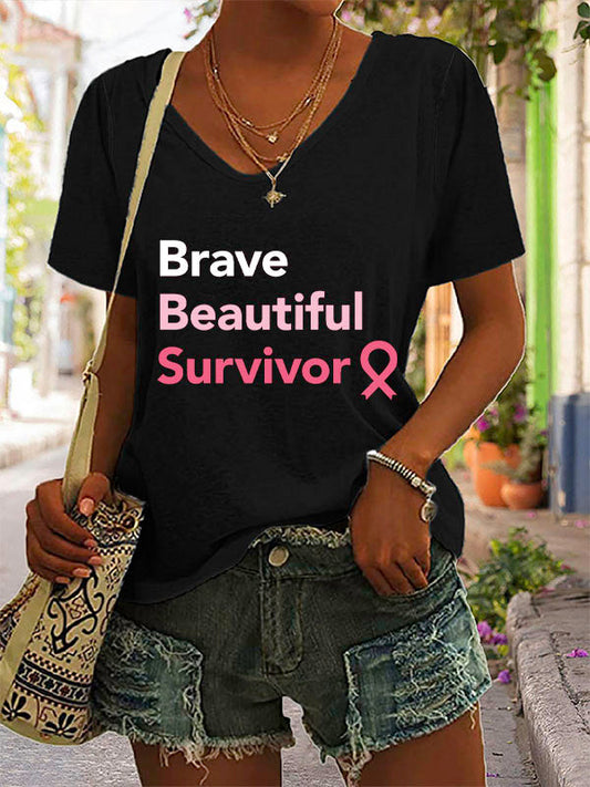 Brave Beautiful Survivor Pink Ribbon V-neck Short Sleeve T-shirt