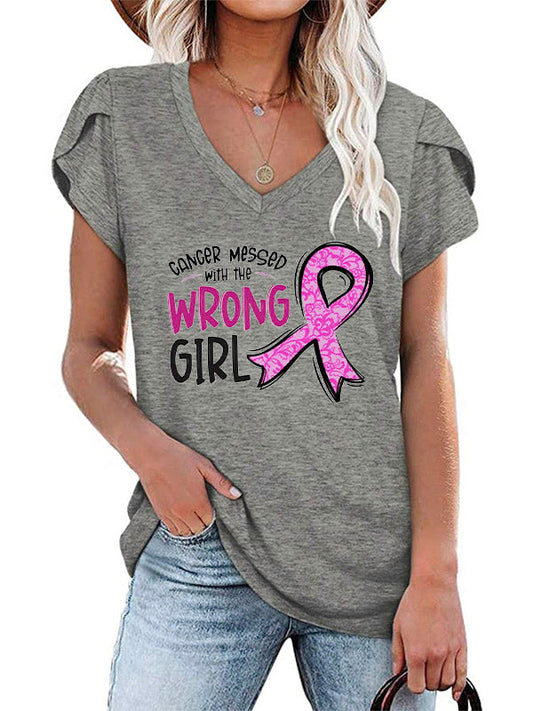 Cancer Messed With The Wrong Girl Pink Ribbon V-Neck T-shirt