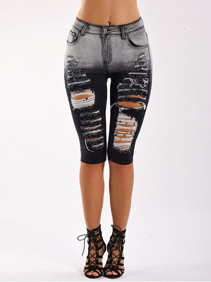 Gradient Ripped Denim Capri Pants