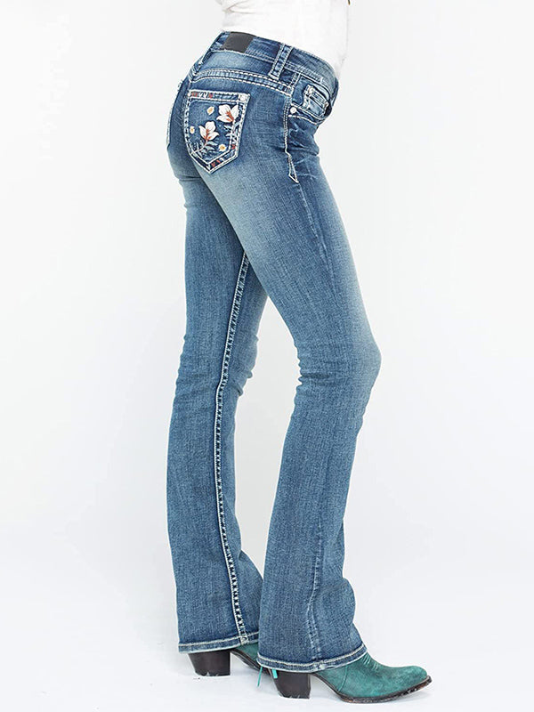 Washed Distressed Floral Embroidered Mid Rise Elastic Bootcut Jeans