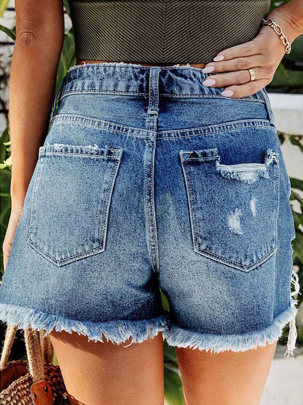 Comfortable Denim Shorts With Frayed Tassels And Holes