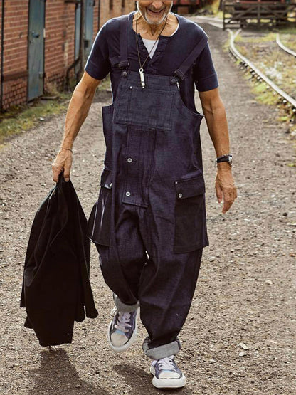 Baggy Denim Overalls with Color Matching Pocket