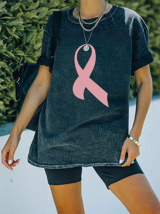 Pink Ribbon Graphic Washed T-shirt