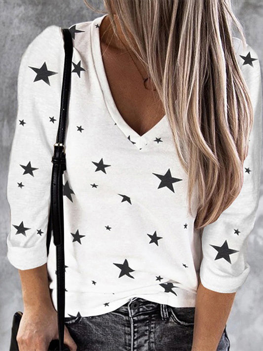 Star Print V-neck Long Sleeved T-shirt