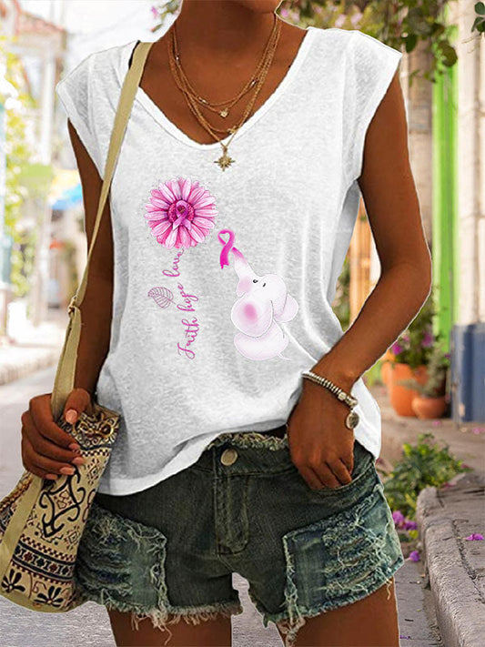 Faith Hope Love Pink Ribbon Elephant Graphic V-Neck T-Shirt