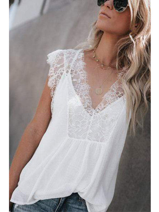 Deep V Neck Patchwork Lace Plain T-Shirts