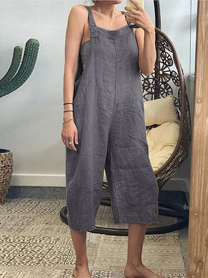 Women's Cotton Loose Casual Jumpsuit Capris Overalls