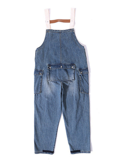 Distressed Denim Suspenders Multi-Pocket Overalls