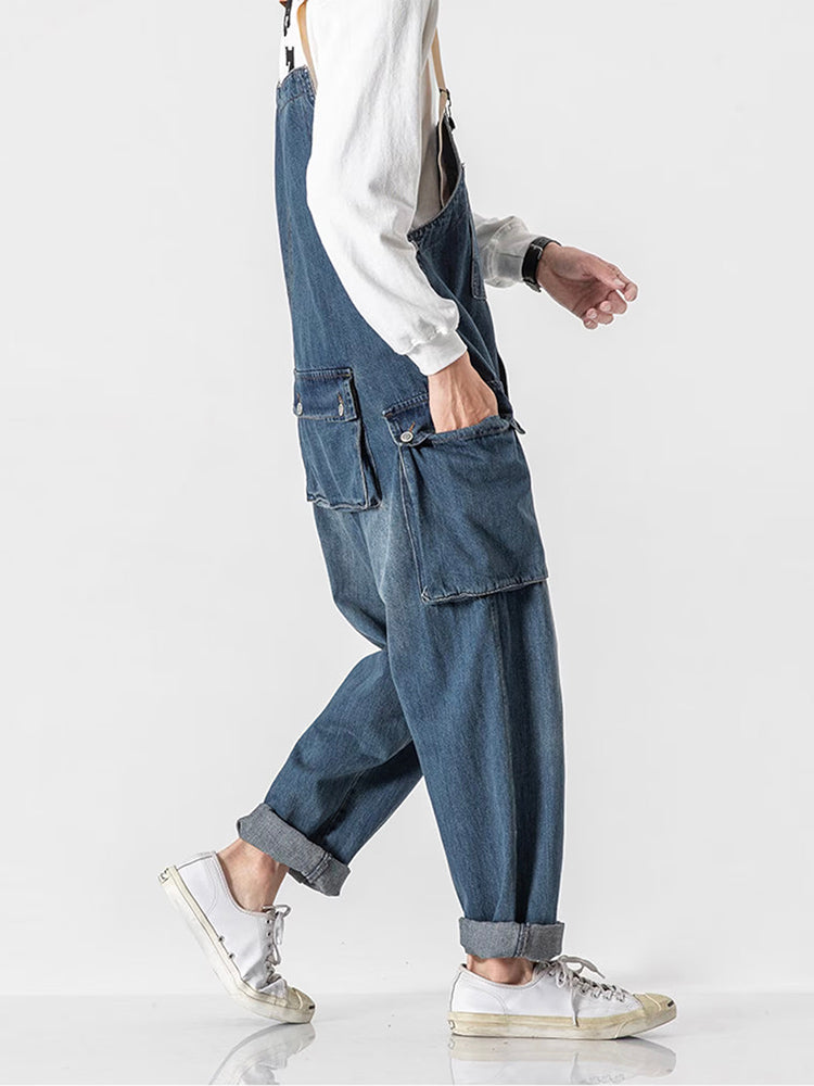 Distressed Denim Suspenders Multi-Pocket Overalls