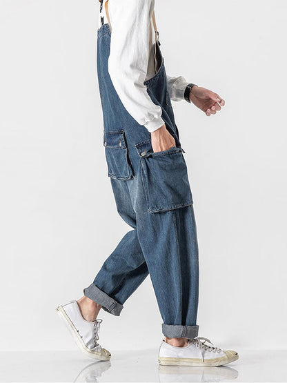 Distressed Denim Suspenders Multi-Pocket Overalls