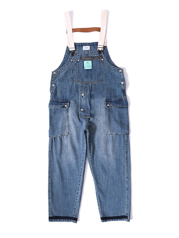 Distressed Denim Suspenders Multi-Pocket Overalls