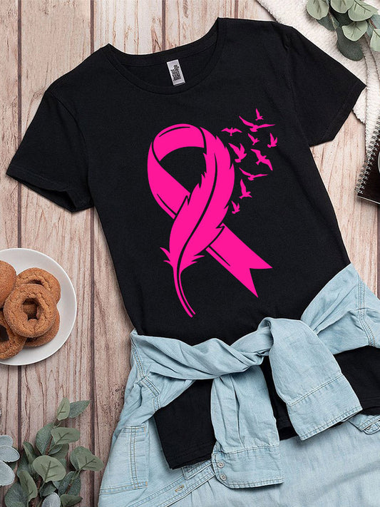 Feather Pink Ribbon Womens Crew Neck T-shirt