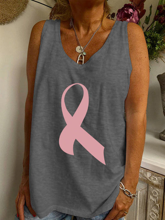 Pink Ribbon Print V-neck Loose Tank