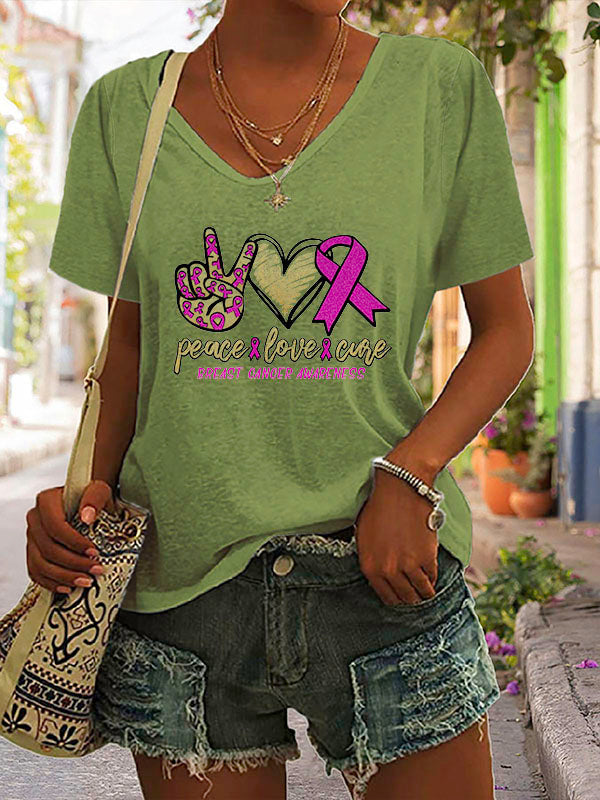 Peace Love Cure Pink Ribbon V-neck Short Sleeve T-shirt