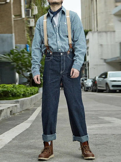 Vintage Striped Straight Denim Suspender Jeans Overalls