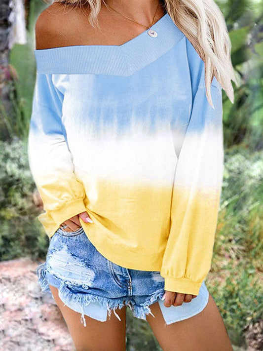 Gradient Wide V-neck Long-Sleeved Top T-shirt