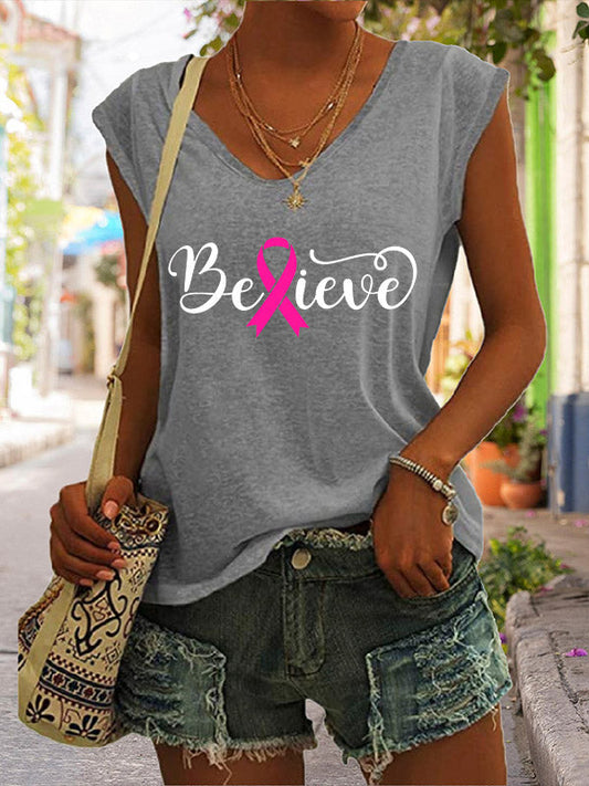 Believe Pink Ribbon Graphic V-Neck T-Shirt