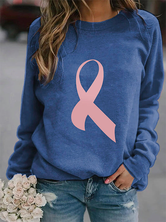 Pink Ribbon Print Crew Neck Sweatshirt