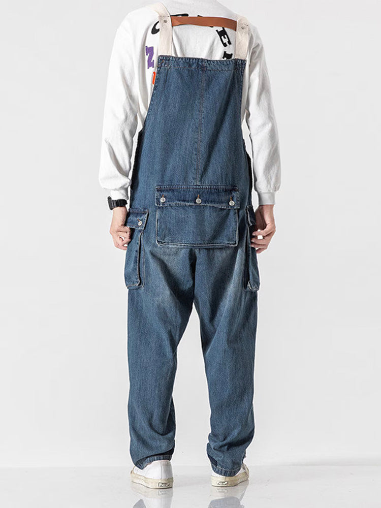 Distressed Denim Suspenders Multi-Pocket Overalls