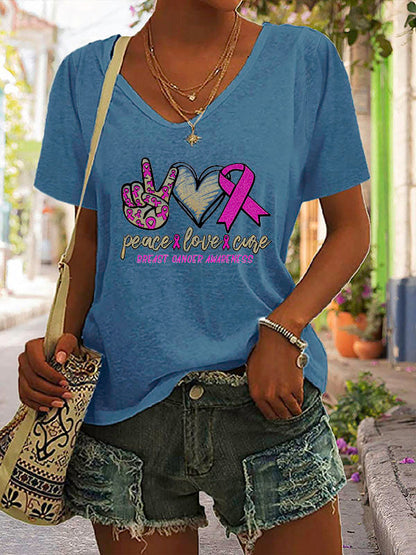 Peace Love Cure Pink Ribbon V-neck Short Sleeve T-shirt