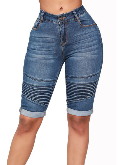 Double Rolled Pleated Bermuda Shorts Dark Blue Front