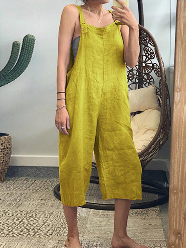 Women's Cotton Loose Casual Jumpsuit Capris Overalls