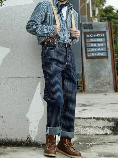 Vintage Striped Straight Denim Suspender Jeans Overalls