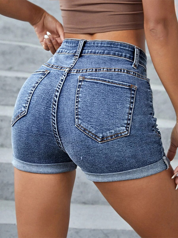 Soft Cuffed Ripped Jeans Mid Rise Stretch Denim Shorts