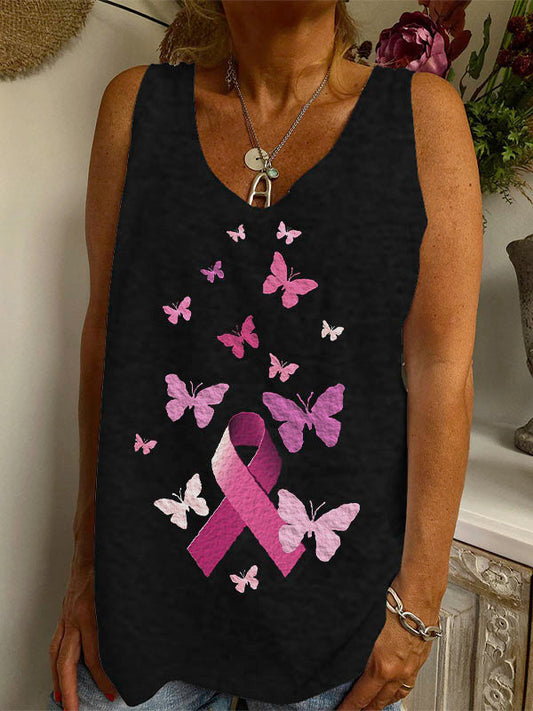 Pink Ribbon And Butterfly Graphic V-neck Loose Tank