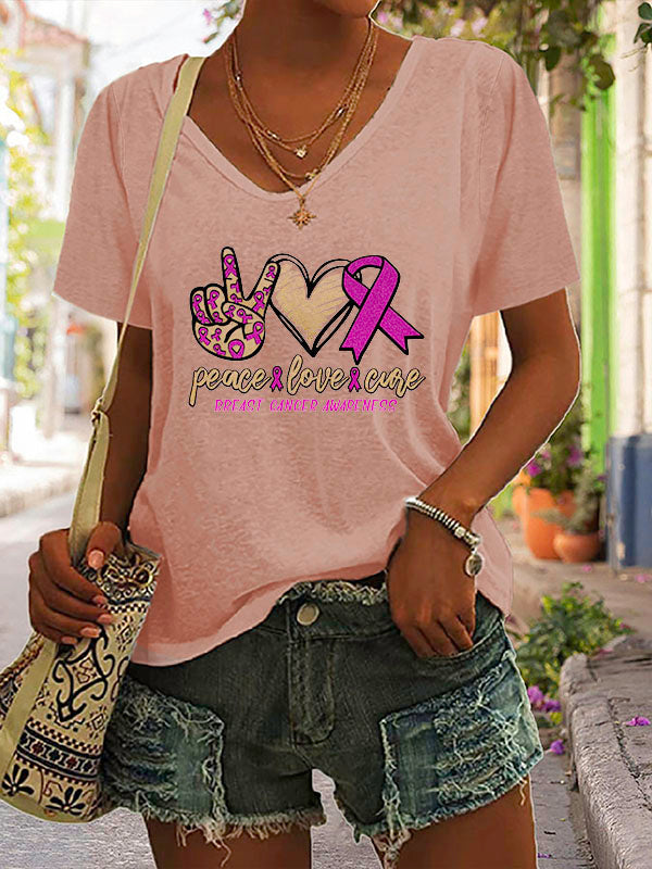 Peace Love Cure Pink Ribbon V-neck Short Sleeve T-shirt