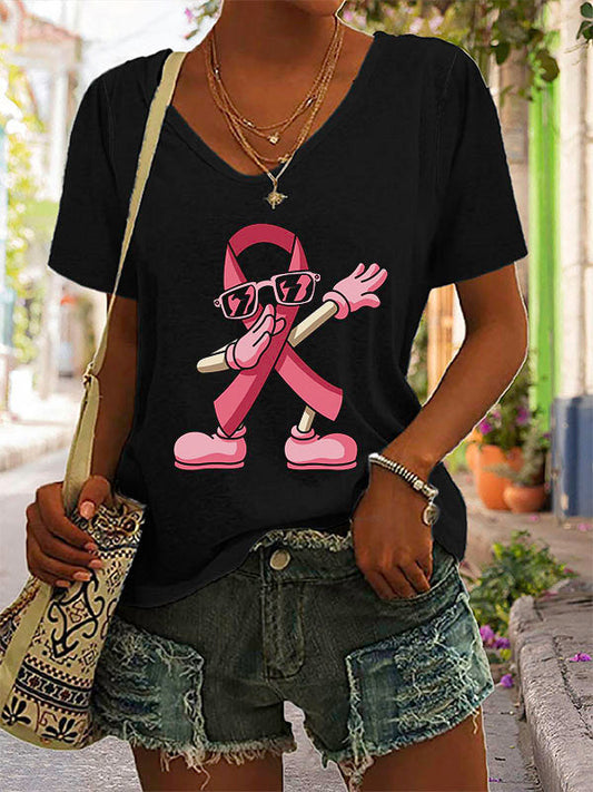 Pink Ribbon V-Neck Short Sleeve T-shirt