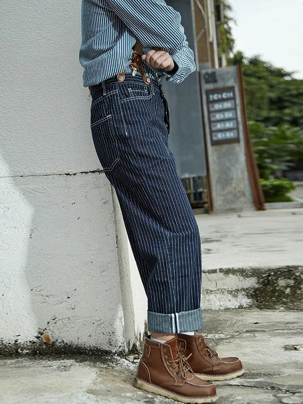 Vintage Striped Straight Denim Suspender Jeans Overalls