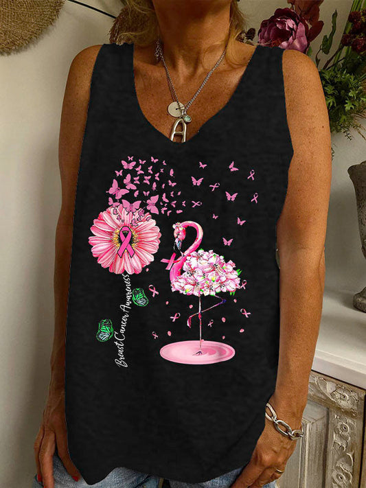 Pink Bird Flamingo Breast Cancer Awareness V-neck Loose Tank